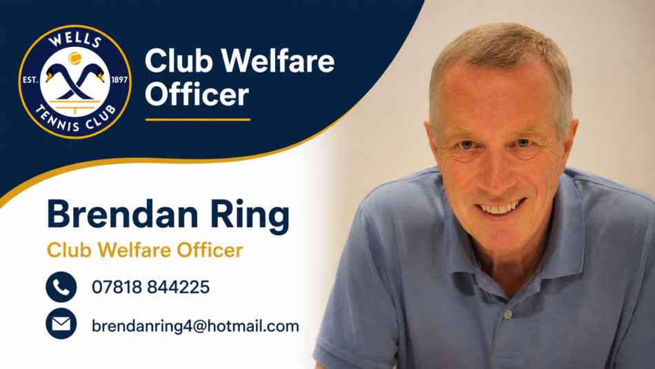 A Wells Tennis Club contact banner featuring Brendan Ring, Club Welfare Officer. The design uses navy, white, and gold club colours, with the club logo, Brendan's smiling portrait, and his contact details: 07818 844225 and brendanring4@hotmail.com.
