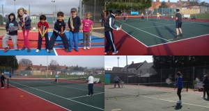 four pictures of different age players playing tennis