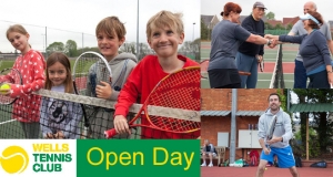 Open Day,poster with junior players leaning on a net, adult players shaing hands and the club coach in a ready position