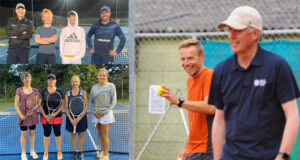 League players standing on a tennis court