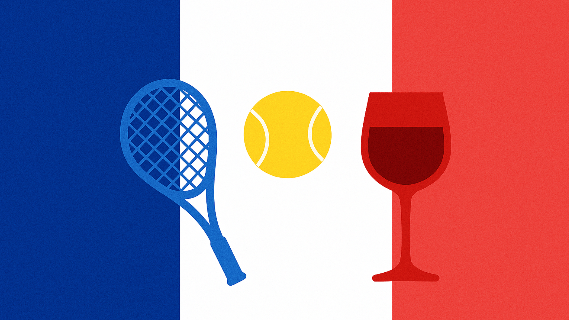 French flag image with a racket ball and glass of wine